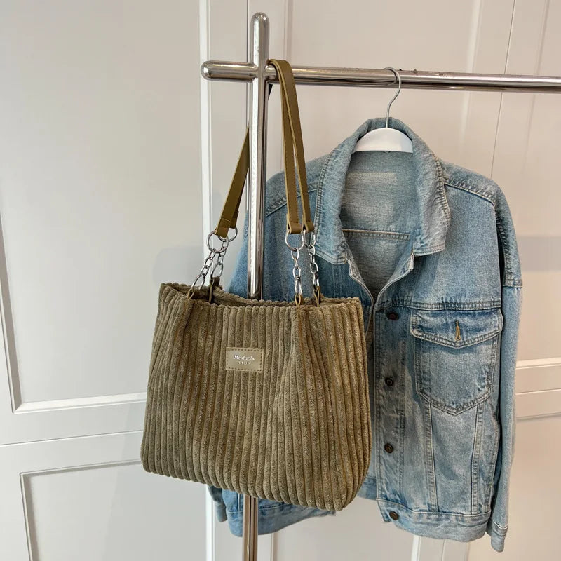 Corduroy Shoulder Handbag – Women's Soft Cotton Shopping Bag With Zipper Closure