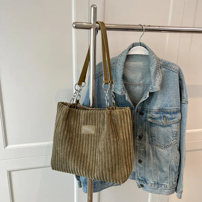 Corduroy Shoulder Handbag – Women's Soft Cotton Shopping Bag With Zipper Closure