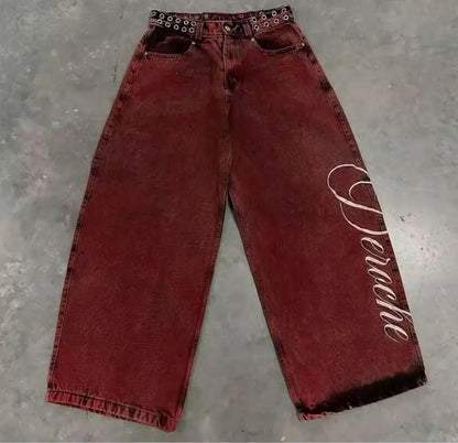 Y2K New Retro Centipede Embroidery Pattern Washed Oversized Wide-Leg Pants Street Gothic Harajuku Floor Pants For Men and Women