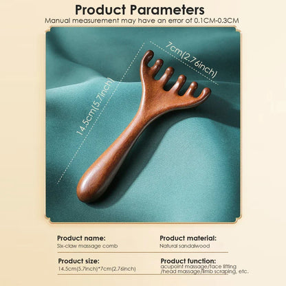 Sandalwood Massage Comb - Six-Claw Head Acupoint Massager for Neck & Face Lifting - ZOOMNSTORE
