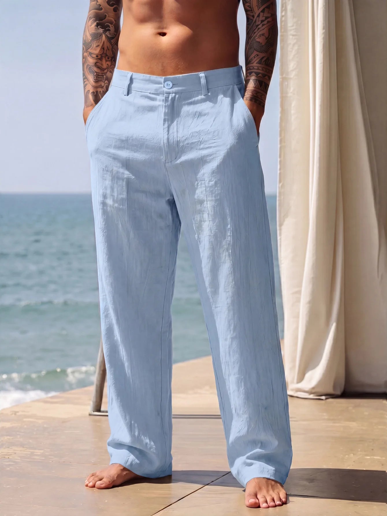 New Men Cotton Linen Pants Summer and Autumn Solid High Waist Wide-Leg Trousers Male Loose Hemp Casual Breathable Sports Pants
