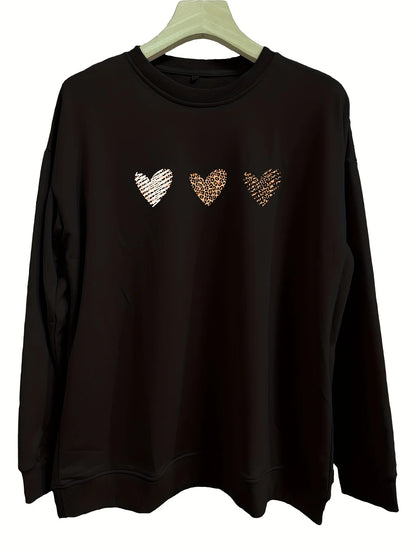 Women's autumn and winter loose casual leopard print heart-shaped print with velvet long sleeved round neck hoodie pullover