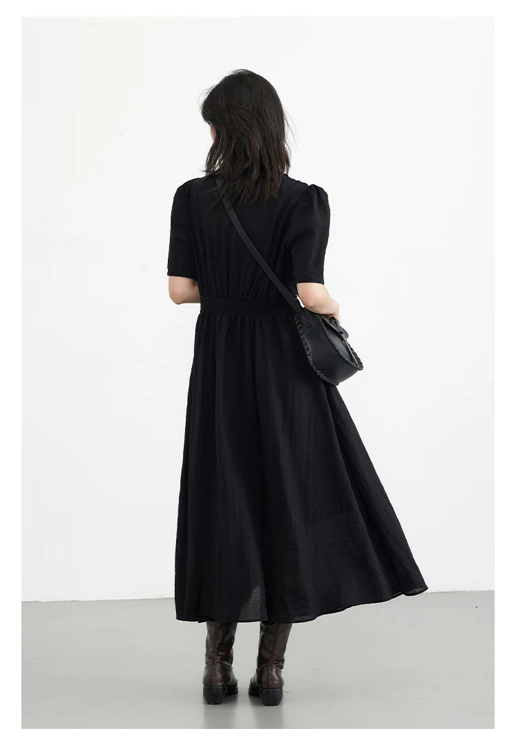 Vintage Puff Sleeve Dress - French Style Black Ankle Length Women Summer Casual Wear