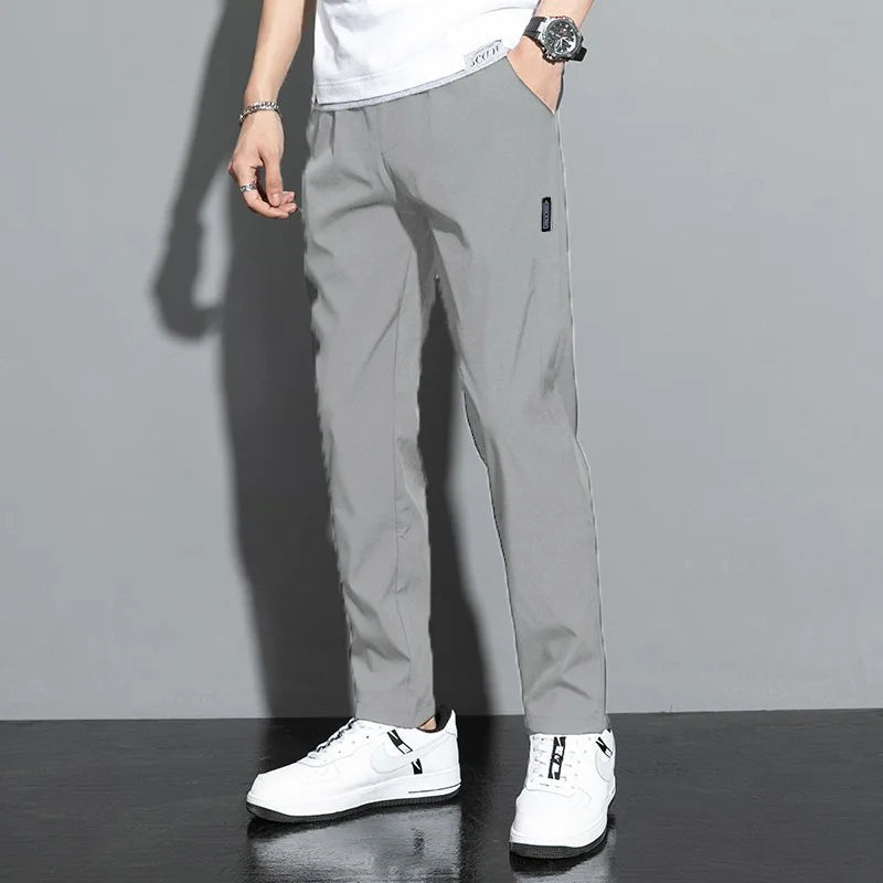 Ice Silk Male Pants 2026 Summer New Black Gray Thin Business Casual Pants Outdoor Elastic Breathable Straight Leg Sweatpants
