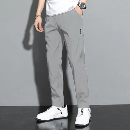 Ice Silk Male Pants 2026 Summer New Black Gray Thin Business Casual Pants Outdoor Elastic Breathable Straight Leg Sweatpants
