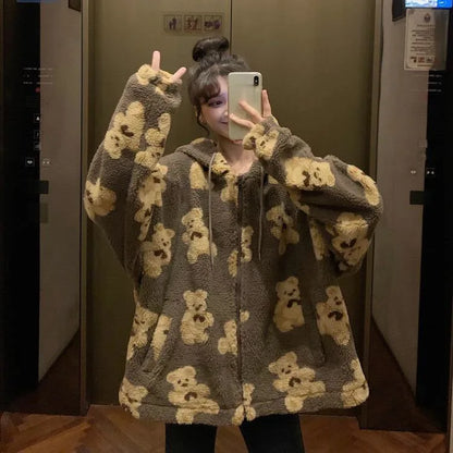 Autumn Winter Women Hooded Thickened Casual Sweatshirt Cartoon Bear Print Zipper Pocket Plush Unisex Fleece Jacket