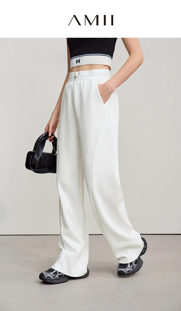 Amii Cotton Pants For Woman 2026 Autumn New Adjustable Rubber Band Waist Casual Pants Long Wide Leg Knit Women Trousers 12641040