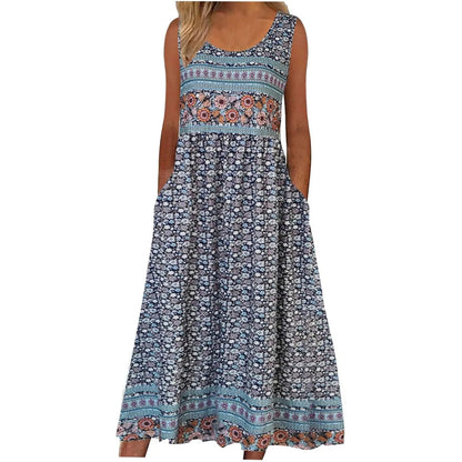 Sleeveless Pullover Dress - Women's Casual Knee-Length Print Pattern Dress in Polyester