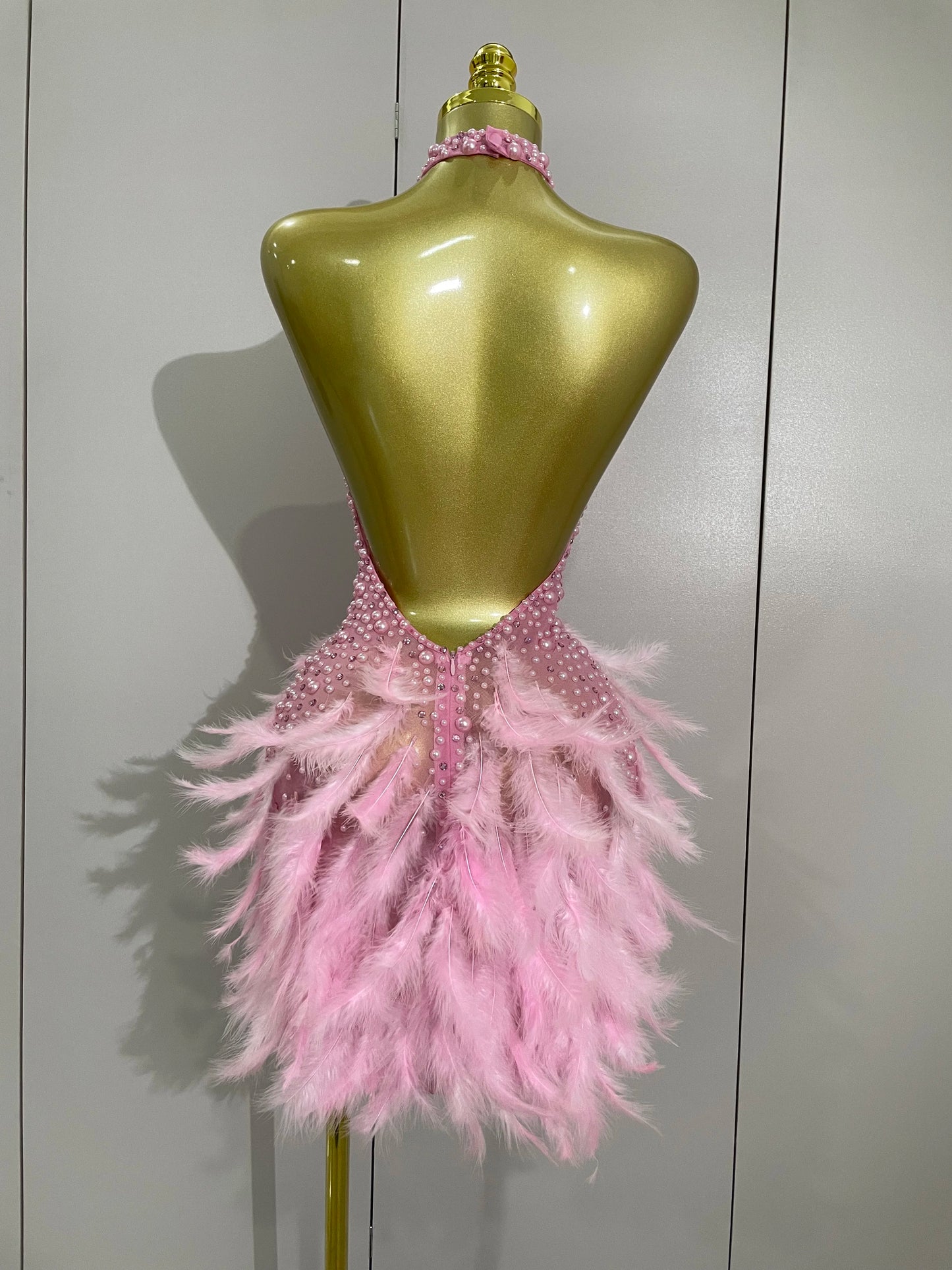 Backless Halter Dress - Women's Party Mini Sheath With Rhinestone & Feather Details