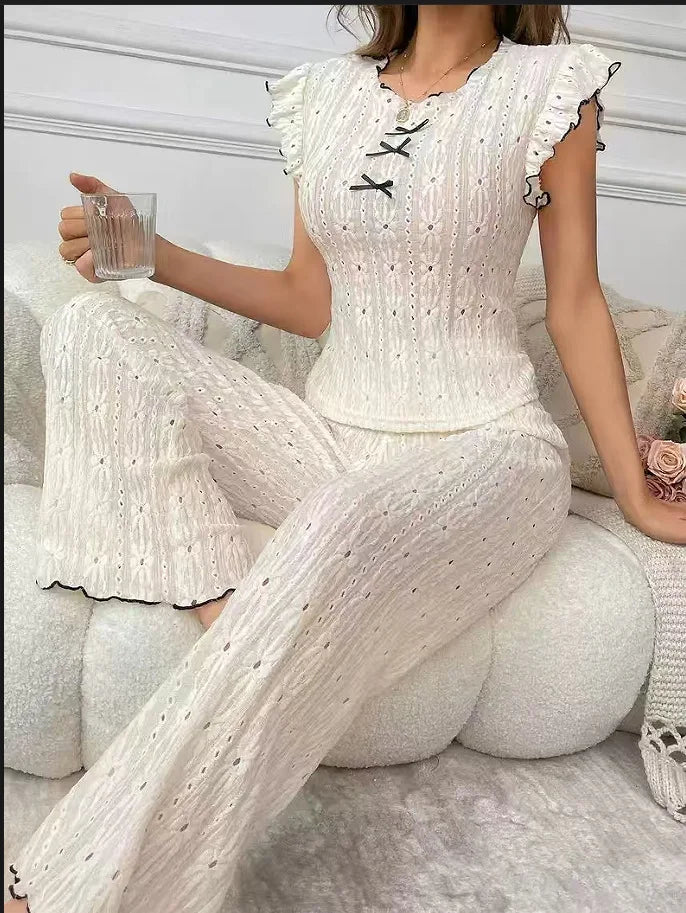 European and American style sexy hollow spring and summer new high-end lace texture women's pajama set