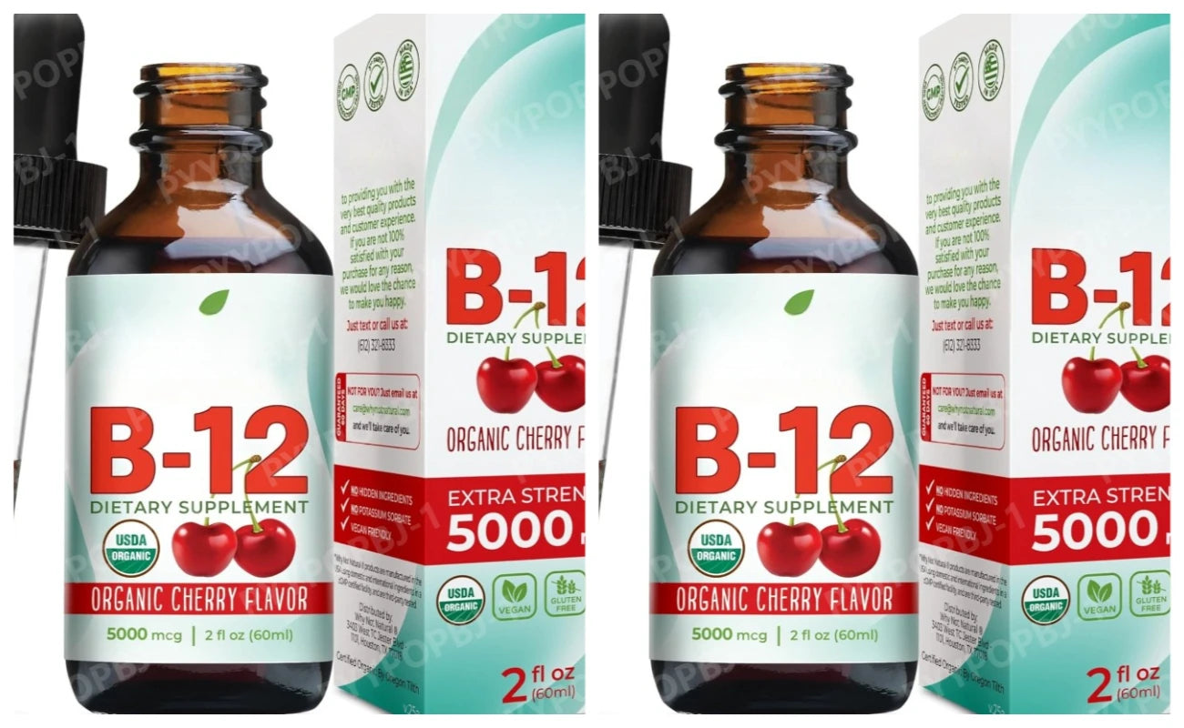 Vitamin B12 Drops 5000mcg Methylcobalamin Liquid Sublingual Supplement Cherry Flavor Vegan Sugar Free Daily Nutrition 60ml