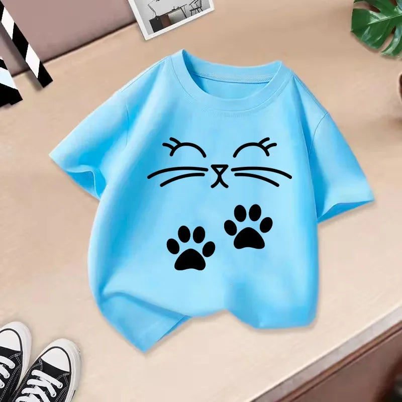Summer New Cute Cat Animal Print Round Neck Short Sleeved Tee Shirt for Boys and Girls Fashionable and Simple Children's T-shirt