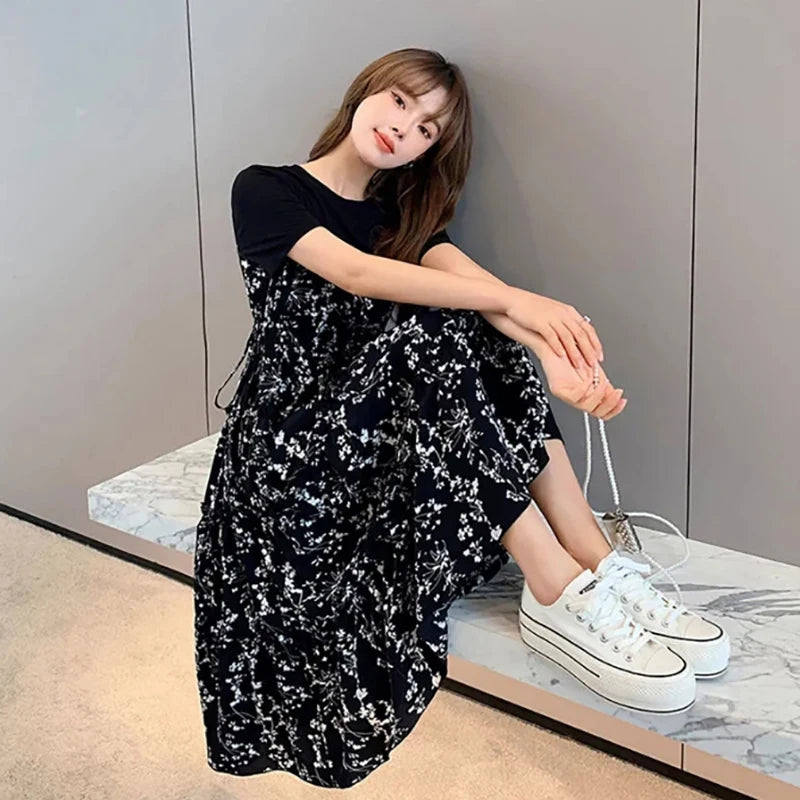 Women's T-shirt Fake two Pcs Korean style Summer Dress Mid-Length Floral Printed Boho Casual Daily Chiffon floral black Dress