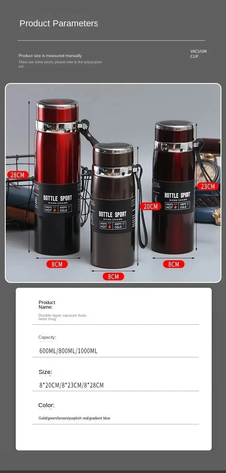 1L Thermal Water Bottle Vacuum Flasks Stainless Steel Thermos Bottle Keep Cold and Hot Water Bottle Thermos for Water Tea Coffee