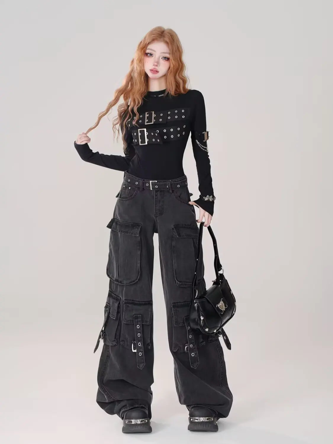 Women Y2k American Retro Mutil Pockets Cargo Jeans American Vintage Gyaru 2000s Aesthetic Grunge Jeans Straight Denim Pants