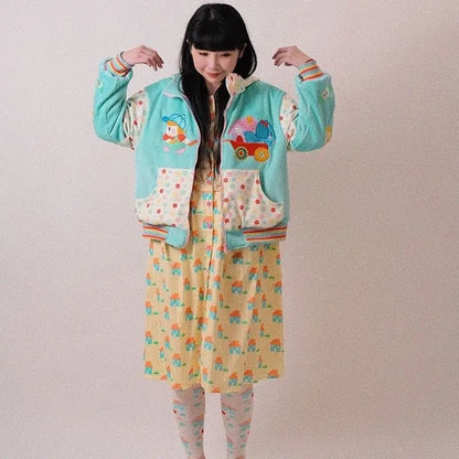 Fleece Lining Cute Cartoon Color Blocking Long Sleeves Zip Up Hoodie Women Winter Sweet Thicken Y2k Aesthetic Sweatshirt