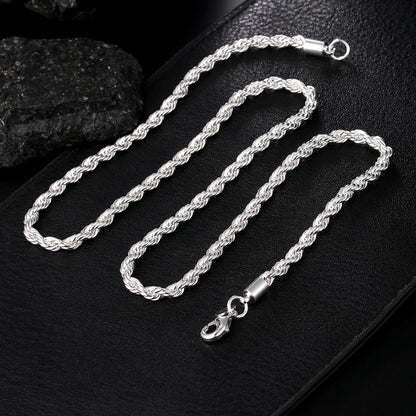 High Quality 925 Silver 4MM Women Men Chain Male Twisted Rope Necklace Bracelets Fashion Silver Jewelry Set