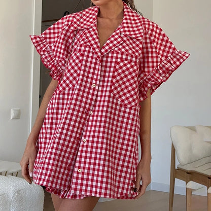 Linad Office Single-Breasted Shirts Elegant Plaid High Waist Shorts With Button Up Shirts 2 Piece Set Street Chic Outfits Summer