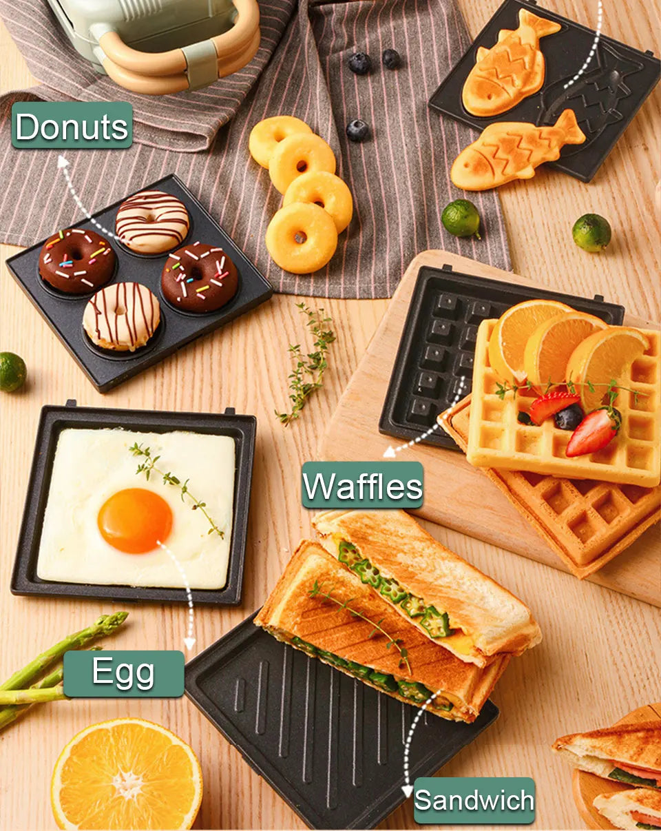 Mini Sandwich Maker - Electric Breakfast Multi Cooker for Toasts Pancakes Waffles  Donuts
