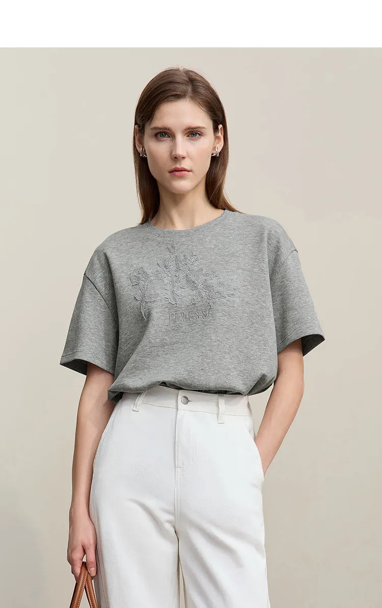 Amii Women's T-Shirt 2026 Summer New Round Neck Drop Shoulder Cotton Tee Lace Embroidered Woman Loose Fit knit Tops 12622048