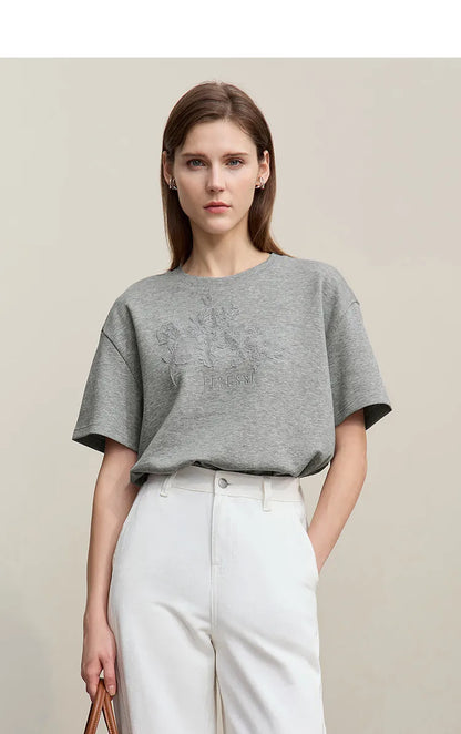 Amii Women's T-Shirt 2026 Summer New Round Neck Drop Shoulder Cotton Tee Lace Embroidered Woman Loose Fit knit Tops 12622048