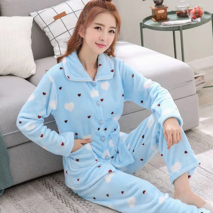 Women's Flannel Fleece Pajama Set Cute Cartoon Print Lapel Button Down Long Sleeve Warm Winter Loungewear Sleepwear Sets