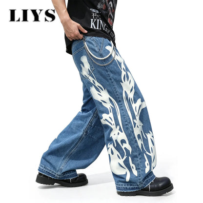 LIYS Men's American High Street Flame Printed Jeans Retro Fashion Loose Wide Leg Hairy Straight Leg Floor Pants Trendy Brand Y2K