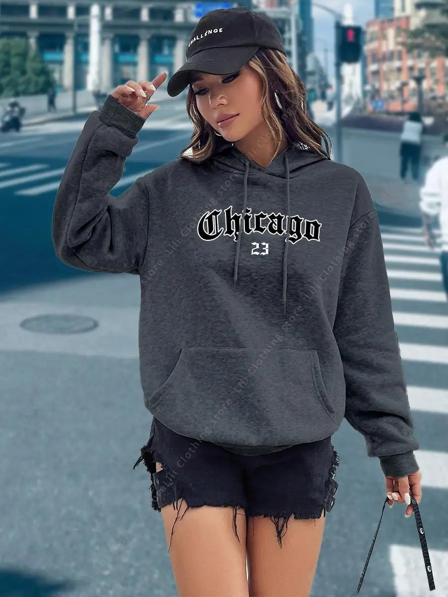 CHICAGO 23 Letter Hoodies Women's Hooded Sweatshirt Pullover Spring Autumn Top Aesthetic Y2K Street Sport Clothing Woman Hoody