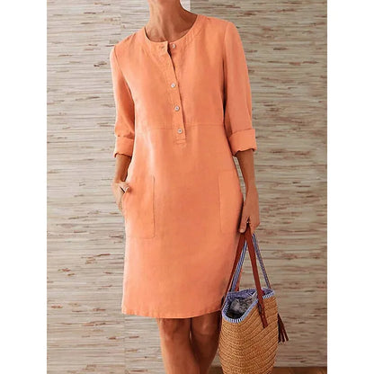 Women's Cotton Linen Tunic Dress – Vintage Long-Sleeve Oversized Mini Dress