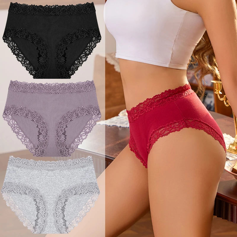 3PCS/Set Women Cotton Panties Lace Low Waist Briefs Trendy Patchwork Lace Intimate Underwear Stretch Comfortable Ladies Lingerie