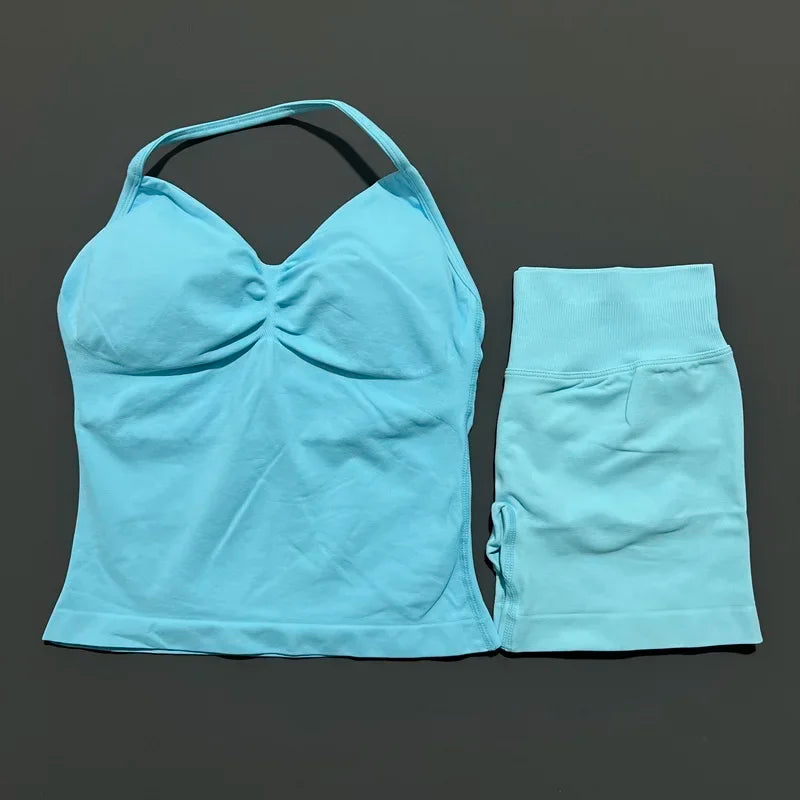 2Pcs HISTELLO Yoga Set Women Halter Tank Top Scrunch Butt Lifting Shorts Ruched Anti Chafe Quick Dry Gym Workout Sports Set