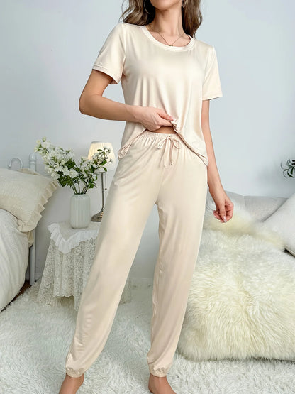 Women's new style pajamas short sleeve trousers elegant casual two-piece solid color home wear