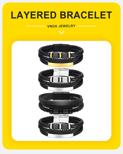 Vnox Personalized Braided Leather Bracelet for Men Handmade Triple Woven Pu Leather Bracelet Custom Name Text Jewelry Gifts