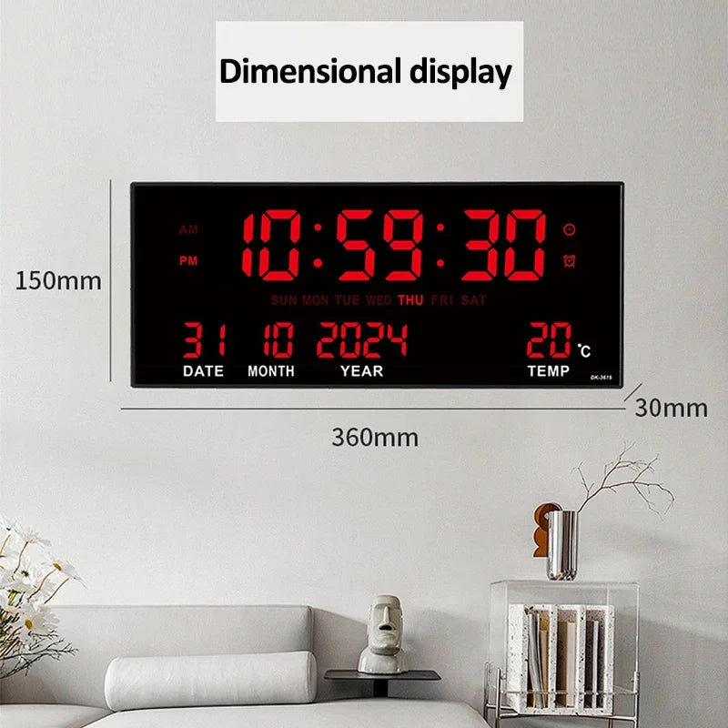 Large Digital Wall Clock with Alarm Temperature  Date Display - 14 LED Plug-In Clock