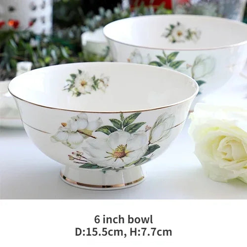 Bone China Dinnerware Set - Floral Ceramic Plates Bowls  Soup Pots