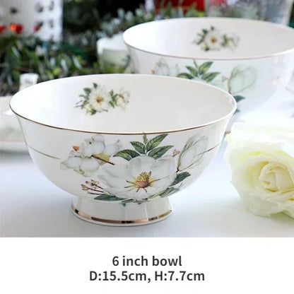 Bone China Dinnerware Set - Floral Ceramic Plates Bowls  Soup Pots