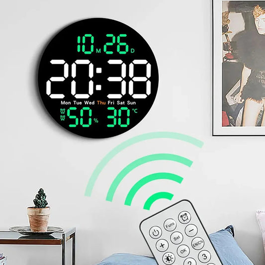 LED Wall Clock with Remote Control - Dual Alarms Calendar  Temperature Display Adjustable Brightness for Home Decor