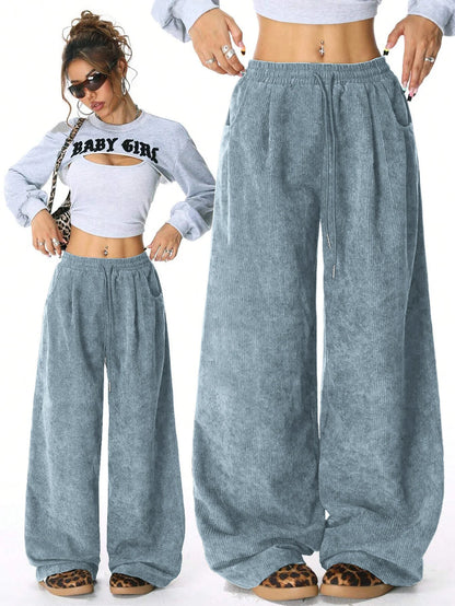 Women's Retro Corduroy Cargo Pants Casual Drawstring Straight Sports Pants Drape Daily Commuting Wide Leg Pants