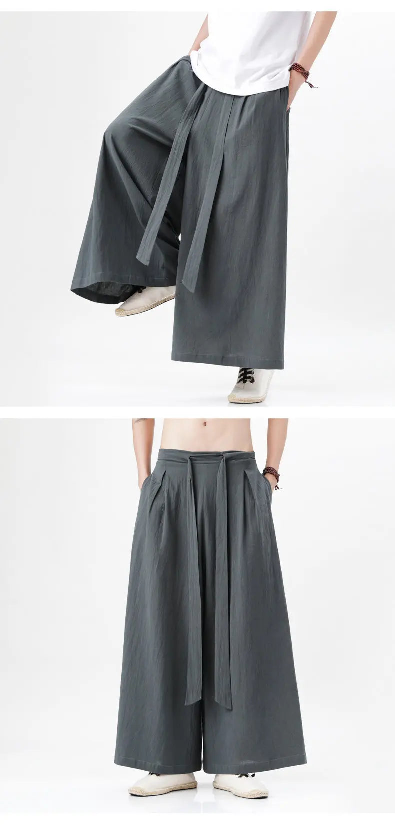 Chinese Style Linen Cotton Retro Pants Man Summer Kimono  Solid Color Traditional Pants Male Streetwear Casual Wide-Leg Trousers