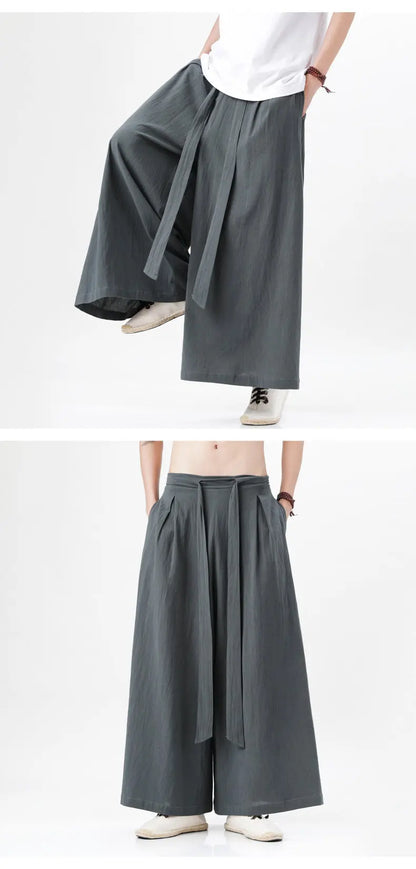 Chinese Style Linen Cotton Retro Pants Man Summer Kimono  Solid Color Traditional Pants Male Streetwear Casual Wide-Leg Trousers