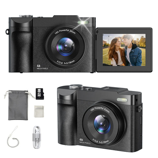 Digital Camera - 16X Optical Zoom Flip Screen Camera with 32GB Micro SD Card for Beginners