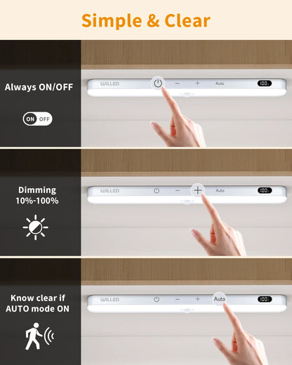 WILLED Under Cabinet Lights Rechargeable Battery Display 60 LED Touch Light Bar Motion Sensor Light Closet Light Night Lights