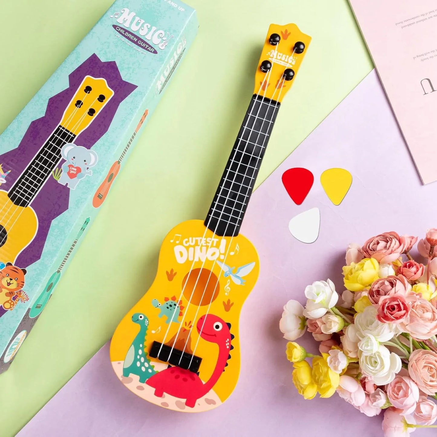 17 Inch Mini Kids Classical Guitar 4-String Ukulele - Dinosaur Design, Christmas Birthday Gift, Musical Toy for Beginners, Party