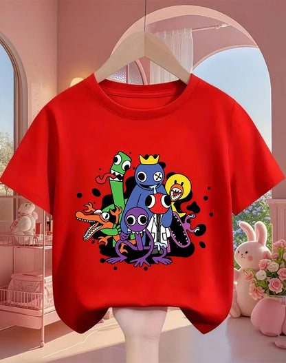 Rainbow friend cartoon pattern boy and girl summer cute round neck fashionable casual short sleeved top