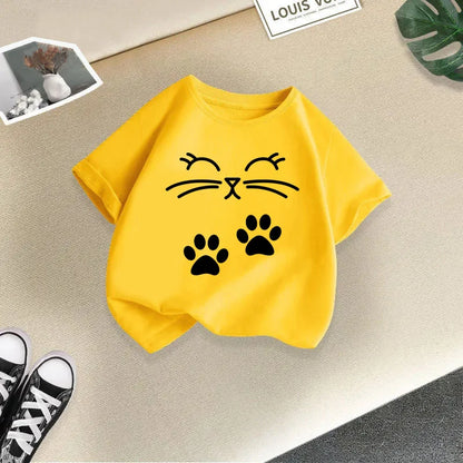 Summer New Cute Cat Animal Print Round Neck Short Sleeved Tee Shirt for Boys and Girls Fashionable and Simple Children's T-shirt