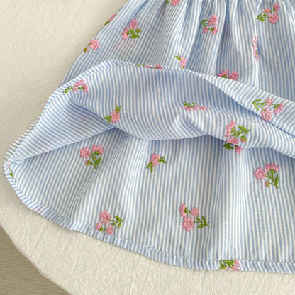 2026 New Summer 2-6Yrs Princess Round Neck Dress Striped Baby Girl Dress Flying Sleeve Cotton Embroidery Blue Sweet Dress