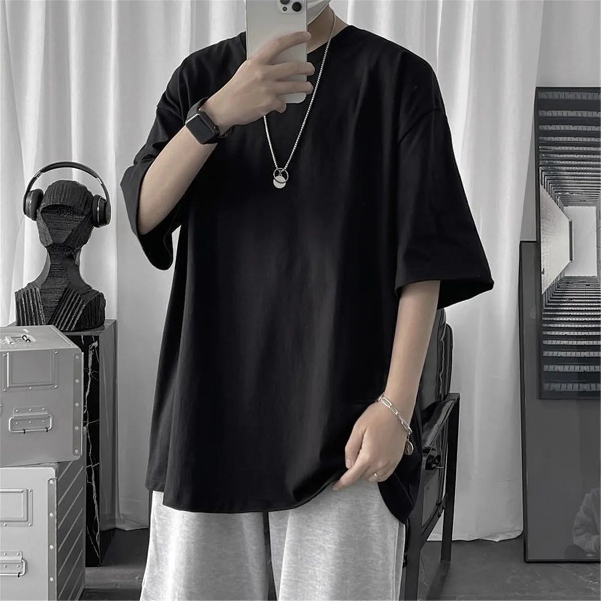 Cotton Summer Fashion Men's T Shirt Casual Solid Short Sleeve Classical Tee Mens 100% Cotton Korean Hip-Hop Top Tees Black White