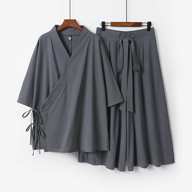 2026 Chinese Style Men's Linen Suit Tang Style Zen Style Hanfu Taoist Long Robe Top Pants Cotton and Linen Loose Two-piece Set