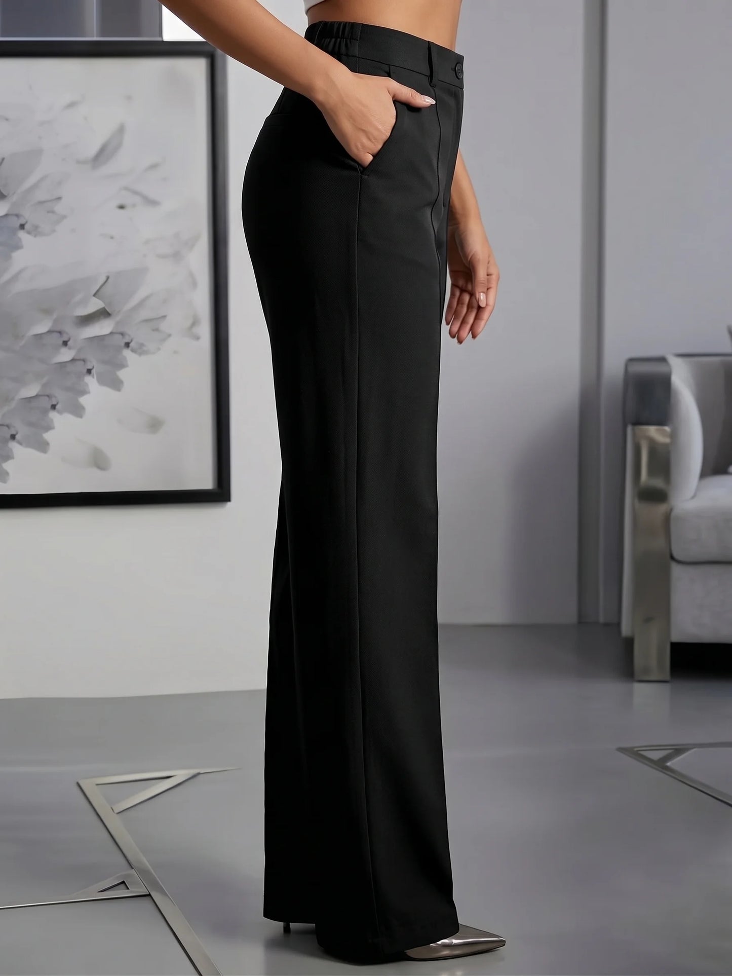 Women High Waisted Wide Leg Office Trousers, Solid Black Pleated Elegant Crease Dress Pants, Professional Full Length Trousers