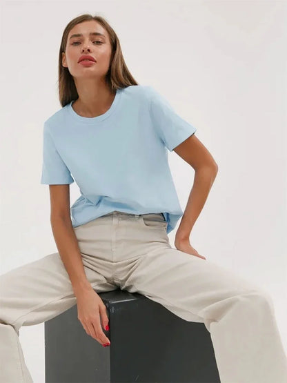 Cotton Womens T-Shirt - Summer Short Sleeve Loose Basic Top